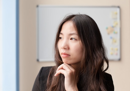 Young Chinese businesswoman holding hands to headの写真素材