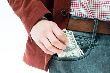 A man holds a U.S. $の写真素材