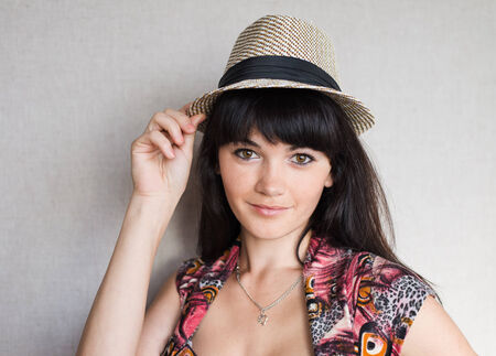 Woman in hat retro portrait.の写真素材