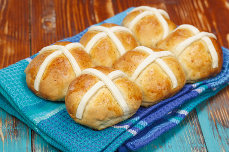 Hot cross buns. A Traditional Easter treat. Spiced, sticky glazed fruit buns with pastry crosses....