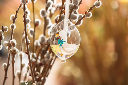 Easter Egg hanging from a Pussy Willow branchの写真素材