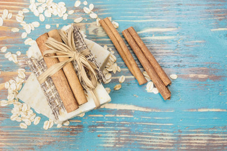 Cinnamon Oatmeal Soap.  Aromatic spa. Handmade Cinnamon Oatmeal Soap. Macro, selective focusの写真素材
