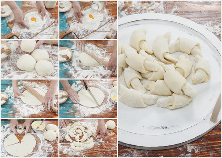 Croissant preparation collage. Picture collage of  Baker  preparing  homemade croissantの写真素材