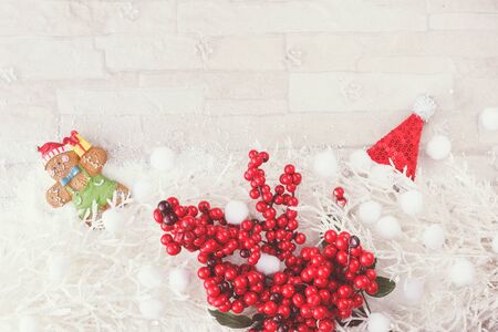 Christmas and  New Year decoration background. Red and white Christmas arrangement with white fir...