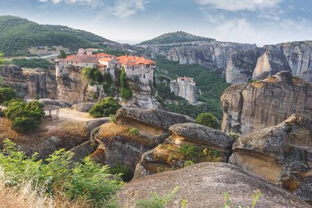 Meteora Monastery Greece. Panoramic view of Varlaam, Roussanou and Agios Stefanos Monastery, Meteora, Trikala regionの写真素材