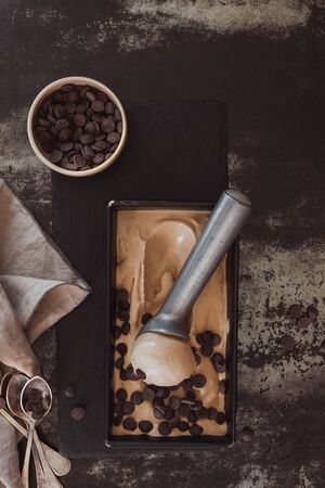 Homemade  ice cream with scoop and dark chocolate chips inside bowl. Top view, dark toned image, blank spaceの写真素材