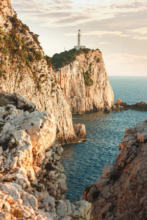 Doukato lighthouse at Lefkatas cape during sunset, Greeceの写真素材