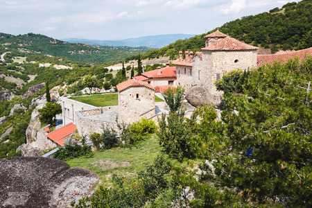 Aerial view of the monastery of Agia Triada Meteora,   UNESCO World Heritage Site, Trikala, Greeceの写真素材