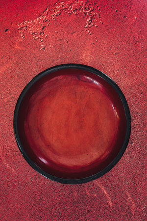 Empty Wooden Vintage Japanese Laquer Bowl for Soba Noodles. Vintage wooden bowl for serving soba noodles. Top view. Copy space.の写真素材