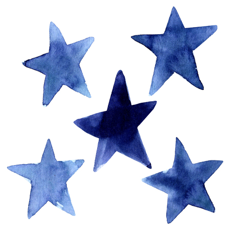 Set of hand painted indigo blue watercolor simple stars. Isolated on white background. Navy blue modern star. Hand drawn stars. Design for decor, decoration. Cute clip art artistic collection.の写真素材