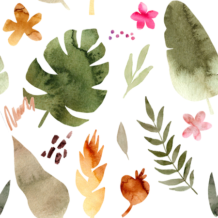 Watercolor seamless pattern of tropical flowers and leaves. Tropic summer print for fabric textile, wrapping paper, clothes. Collage jungle style hand painted illustration. Simple bright design.の写真素材