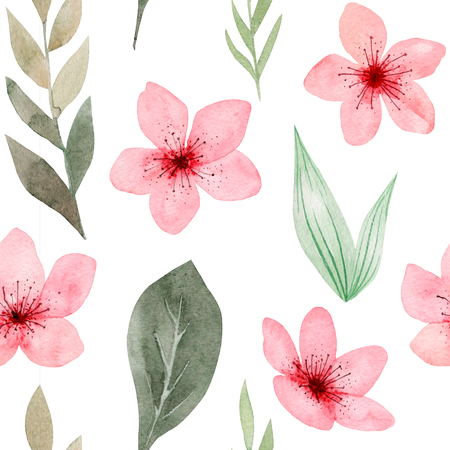 Seamless Pattern of hand drawn watercolor cherry blossom, delicate flowers. Japanese Sakura. Design for wedding invitation, fabric, packaging, textile, cover, postcard, paper, greeting cards, blog.の写真素材