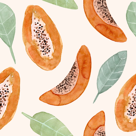 Seamless pattern. Watercolor papaya fruit. Hand drawn summer illustration. Design for fabric, packaging, textile, cover, postcard, paper, stationery, scrapbooking, wrapping, clothes, cards, postersの写真素材
