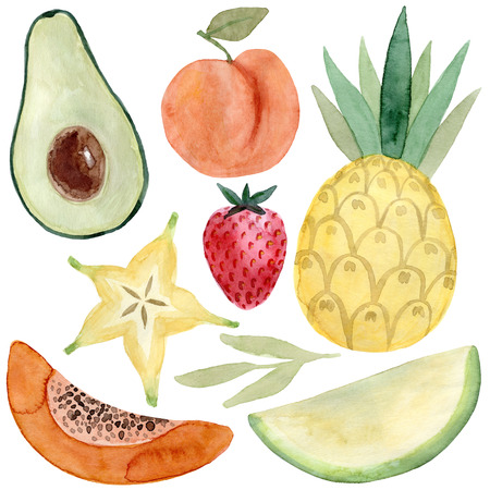 Watercolor carambola, avocado, peach, pineapple, melon, papaya, strawberry.の写真素材