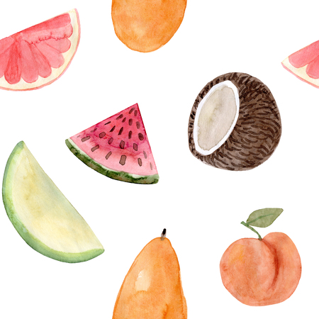 Seamless pattern. Watercolor watermelon, melon, coconut, peach, mango, grapefruit. Hand drawn summer illustration. Design for fabric, packaging, textile, cover, stationery, scrapbooking, wrappingの写真素材