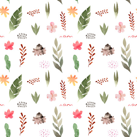 Watercolor seamless pattern of tropical flowers and leaves. Tropic summer print for fabric textile, wrapping paper, clothes. Collage jungle style hand painted illustration. Simple bright design.の写真素材