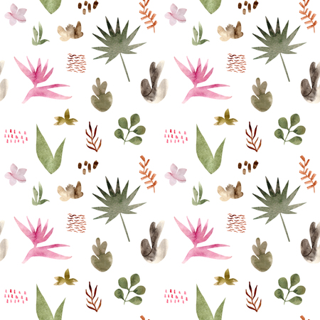 Watercolor seamless pattern of tropical flowers and leaves. Tropic summer print for fabric textile, wrapping paper, clothes. Collage jungle style hand painted illustration. Simple bright design.の写真素材