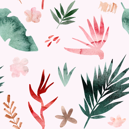 Watercolor seamless pattern of tropical flowers and leaves. Tropic summer print for fabric textile, wrapping paper, clothes. Collage jungle style hand painted illustration. Simple bright design.の写真素材