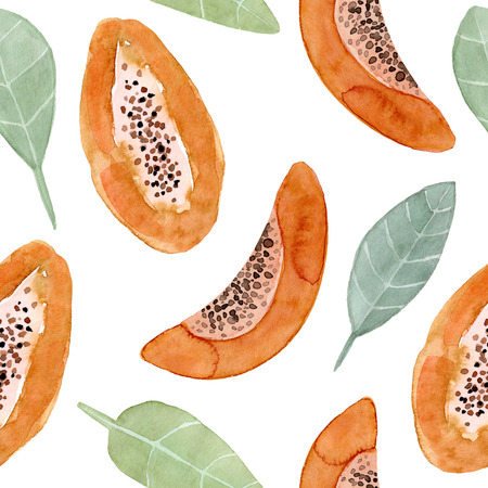 Seamless pattern. Watercolor papaya fruit. Hand drawn summer illustration. Design for fabric, packaging, textile, cover, postcard, paper, stationery, scrapbooking, wrapping, clothes, cards, postersの写真素材
