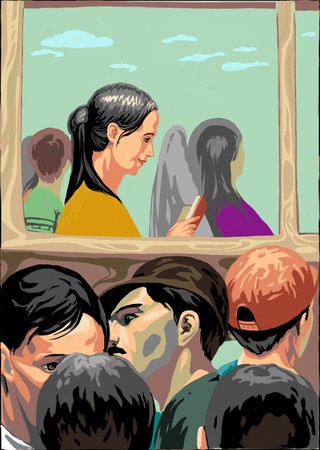 This picture shows a girl in a busの写真素材