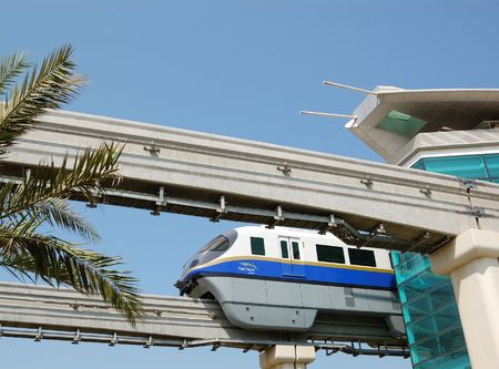 Dubai, United Arab Emirates - August 28, 2009 - The Palm Jumeirah monorail station and train,...