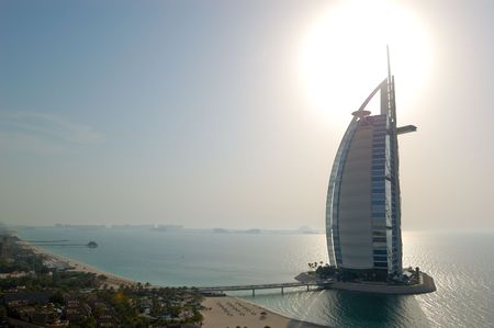 DUBAI, UAE - AUGUST 27: The world's first seven stars luxury hotel Burj Al Arab "Tower of the Arabs", also known as "Arab Sail" at sunset  on August 27, 2009 in Dubai, United Arab Emirates  のeditorial素材