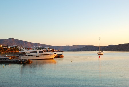 Luxury yachts in morning sunlight,  Crete, Greeceの写真素材