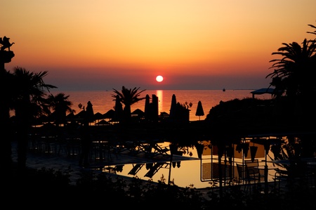 Sunset at beach of the luxury hotel, Halkidiki, Greeceの写真素材