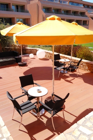 Outdoor restaurant at the modern luxury hotel, Thassos island, Greeceのeditorial素材