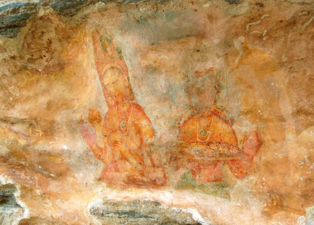 Apsara celestial nymphs - ancient painting on the walls in the Lion Rock cave, 5th century,  Sigiriya, Sri Lankaのeditorial素材