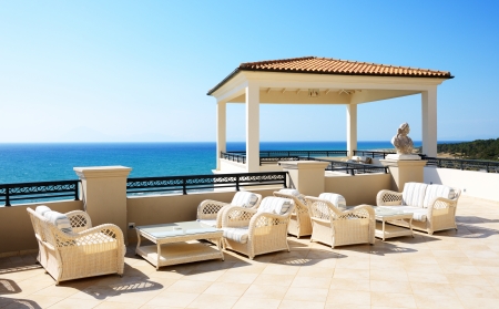 Sea view terrace of luxury hotel, Peloponnes, Greeceのeditorial素材