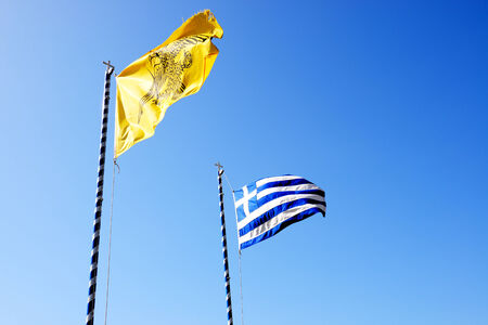 The Greek Flag and Flag of Varlaam monastery, Meteora, Greeceの写真素材