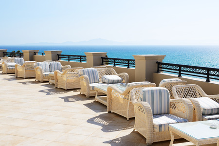 Sea view terrace of luxury hotel, Peloponnes, Greeceの写真素材