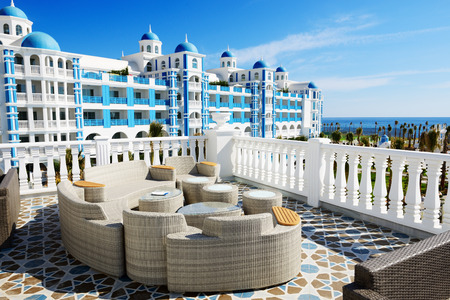 The terrace and building of luxury hotel, Antalya, Turkeyのeditorial素材