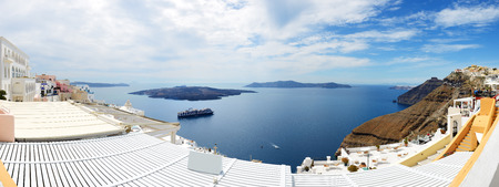 Panorama of the Fira town with view on Aegean sea, Santorini island, Greeceの写真素材