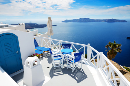 The sea view terrace at luxury hotel, Santorini island, Greeceのeditorial素材