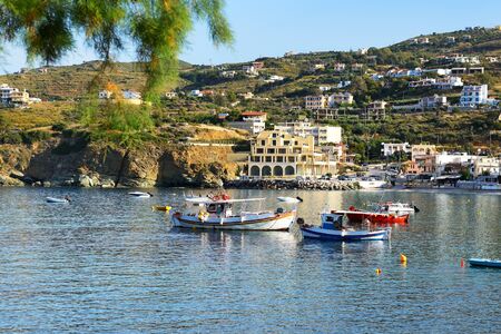 The traditional Greek fishing boat near beach, Crete, Greeceのeditorial素材