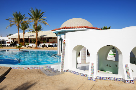 Swimming pool and bar at luxury hotel, Sharm el Sheikh, Egyptのeditorial素材