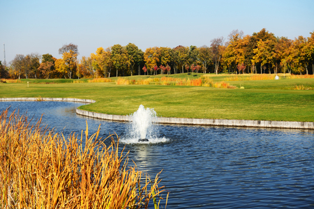 NOVI PETRIVTSI, UKRAINE - OCTOBER 14: Golf course in Mezhigirya on October 14, 2014 in Novi Petrivtsi, Ukraine. It is former residence of ex-president Yanukovich, now open to the publicのeditorial素材