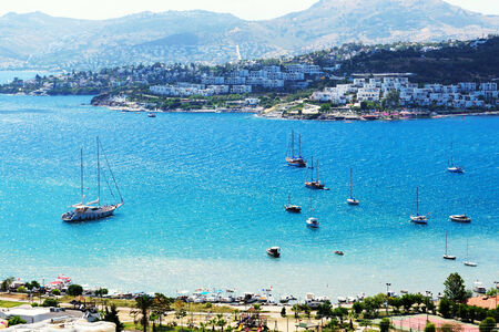 Recreation yachts near beach on Turkish resort, Bodrum, Turkeyの写真素材