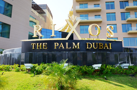 DUBAI, UAE - SEPTEMBER 9: The entrance of Rixos the Palm Dubai luxury hotel on September 9, 2013 in Dubai, UAE. Hotels in Dubai attracted over 11 million guests in 2013.のeditorial素材