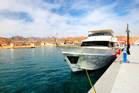Motor yacht on Red Sea in harbor, Sharm el Sheikh, Egypt