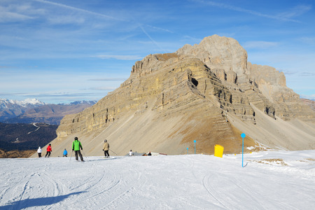 MADONNA DI CAMPIGLIO, ITALY - DECEMBER 18: The ski slope and skiers at Passo Groste ski area on December 18, 2015 in Madonna di Campiglio, Italy. More then 46 mln tourists is expected to visit Italy in year 2015.のeditorial素材