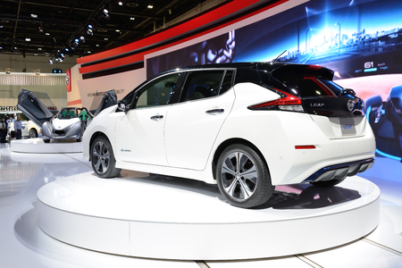 DUBAI, UAE - NOVEMBER 18: The all new Nissan 2018 Leaf electric car is on Dubai Motor Show 2017 on November 18, 2017のeditorial素材