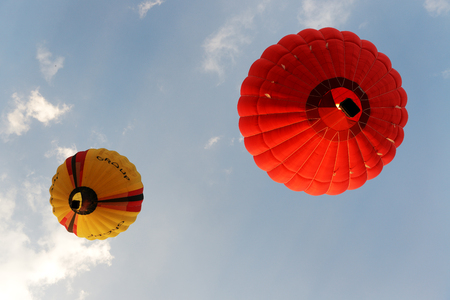 BILA TSERKVA, UKRAINE - AUGUST 26: The view on balloons are over  Olexandria Park on August 26, 2018 in Bila Tserkva, Ukraine. The balloons show is dedicated to Ukrainian Independence Day.のeditorial素材