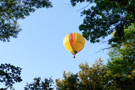 BILA TSERKVA, UKRAINE - AUGUST 25: The view on balloons are over  Olexandria Park on August 25, 2018 in Bila Tserkva, Ukraine. The balloons show is dedicated to Ukrainian Independence Day.のeditorial素材