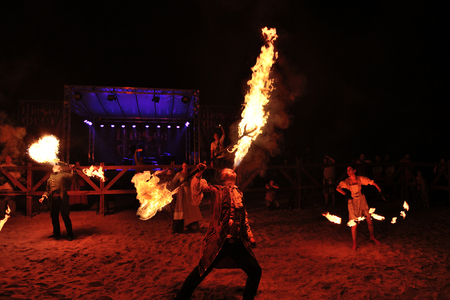 BILA TSERKVA, UKRAINE - SEPTEMBER 15: The Fire jugglers perform during Spur Fest on September 15,...