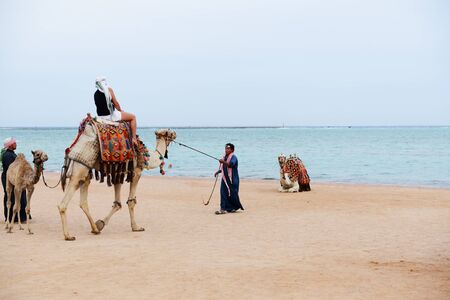 SHARM EL SHEIKH, EGYPT -  NOVEMBER 29: The tourist rides camel on beach with help of Egyptian man on...