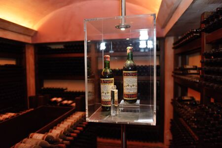 METSOVO VILLAGE, GREECE-OCTOBER 11: The bottle of Katogi wine in the wine cellar produced in a Metsovo wine region on October 11, 2013 in Metsovo, Greece. Up to 12 mln tourists is expected to visit Greece in year 2013のeditorial素材