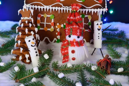 The hand-made eatable gingerbread house, snowman, snow decoration, garland snow and background illuminationの写真素材